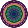 Mandala of Devi-dhama, the material universe: a segmented wheel in green, gold, and rose depicting the layered planetary systems, ringed by sun, moon, and star motifs on deep purple.