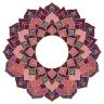Mandala of Goloka Vrindavana: a many-petalled lotus in rose, magenta, and indigo, its center medallion depicting Radha and Krishna seated together on a lotus.