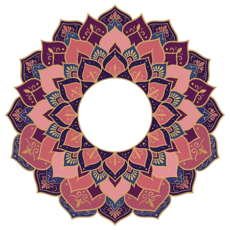Mandala of Goloka Vrindavana: a many-petalled lotus in rose, magenta, and indigo, its center medallion depicting Radha and Krishna seated together on a lotus.